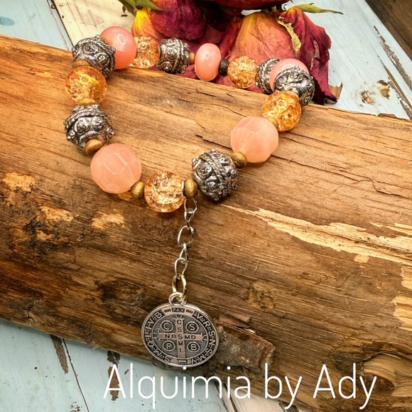 Chunky Peach Quartz Bracelet – 12 mm Beads with Large Silver Saint Benedict • Ga